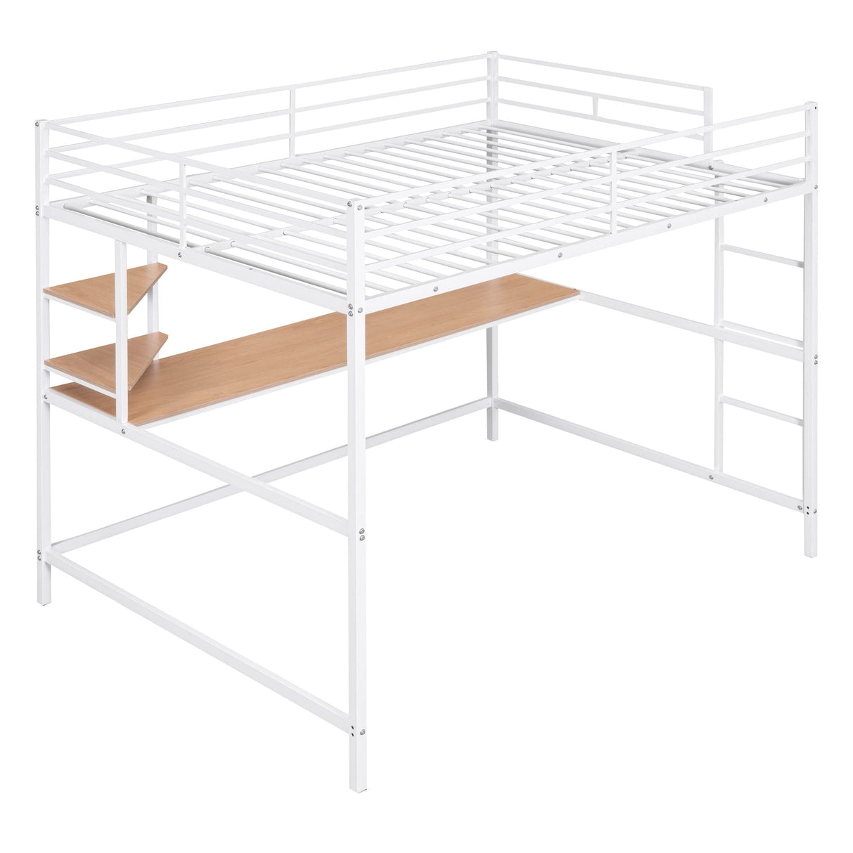 Full Loft Bed with Desk, Metal Loft Bed Frame with Storage Shelves (Full Size, White) Bellemave
