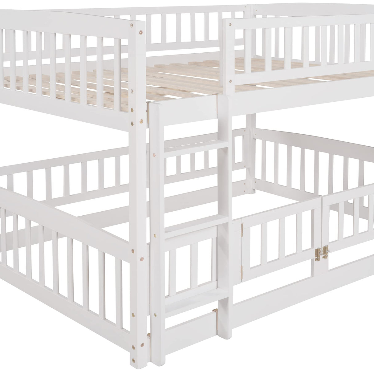 Full Over Full Bunk Bed with Slide for Kids, Low Bunk Bed with Fence and Ladder, Solid Pine Wood Structure for Teens Bedroom, White Merax