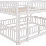 Full Over Full Bunk Bed with Slide for Kids, Low Bunk Bed with Fence and Ladder, Solid Pine Wood Structure for Teens Bedroom, White Merax