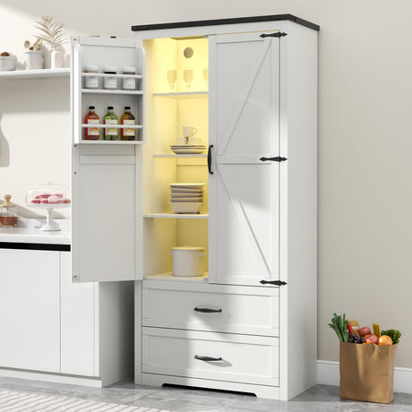 Gyfimoie Tall Farmhouse Kitchen Cabinet with Sensor Light, Kitchen Pantry Cabinet with 2 Large Drawers and Adjustable Shelves, Traditional Freestanding Cupboard with Doors for Kitchen (White) Gyfimoie