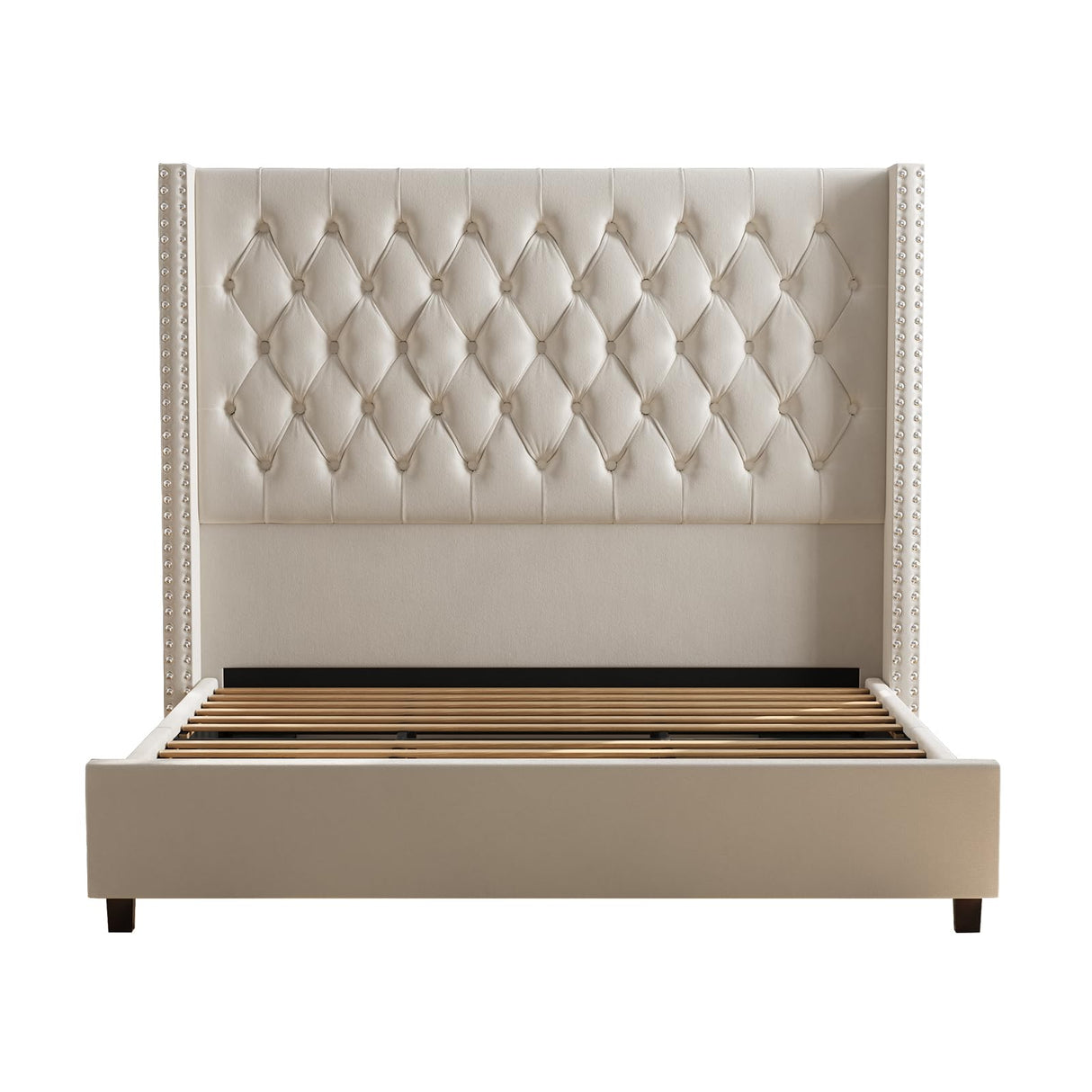 Jocisland Velvet Upholstered Bed Frame King Size 61.4" Tall Headboard King Bed Frame/Deep Button Tufted/No Box Spring Needed/Cream Jocisland
