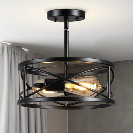 Karjearl Farmhouse Semi Flush Mount Ceiling Light, D11.8 Inches Black Industrial Sloped Ceiling Light Fixtures Vintage Metal Cage Ceiling Lamp for Kitchen Hallway Entryway Laundry Room Bedroom Karjearl