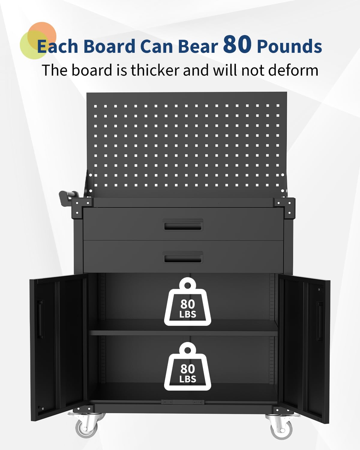 GarveeHome Rolling Tool Cabinet, Heavy Duty Steel Garage Storage Cabinet with 2 Drawers, Pegboard & 4 Wheels, Lockable Tool Cart Workbench for Workshop, Warehouse GarveeHome