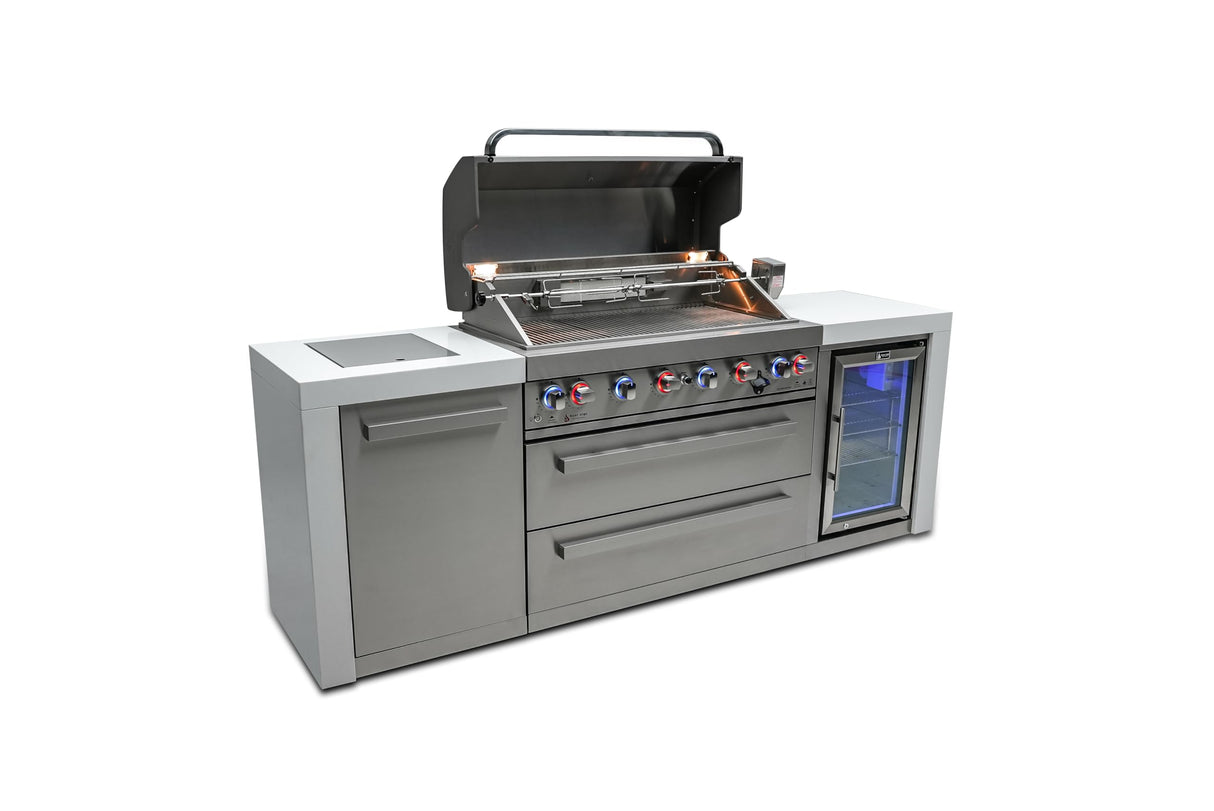 Mont Alpi MAi805- DFC 6 Burner 44-inch Stainless Steel Deluxe Modular Outdoor Kitchen Island BBQ Grill with Fridge Cabinet + Side Burner + Granite Countertops & Sides + Rotisserie and Grill Cover Mont Alpi