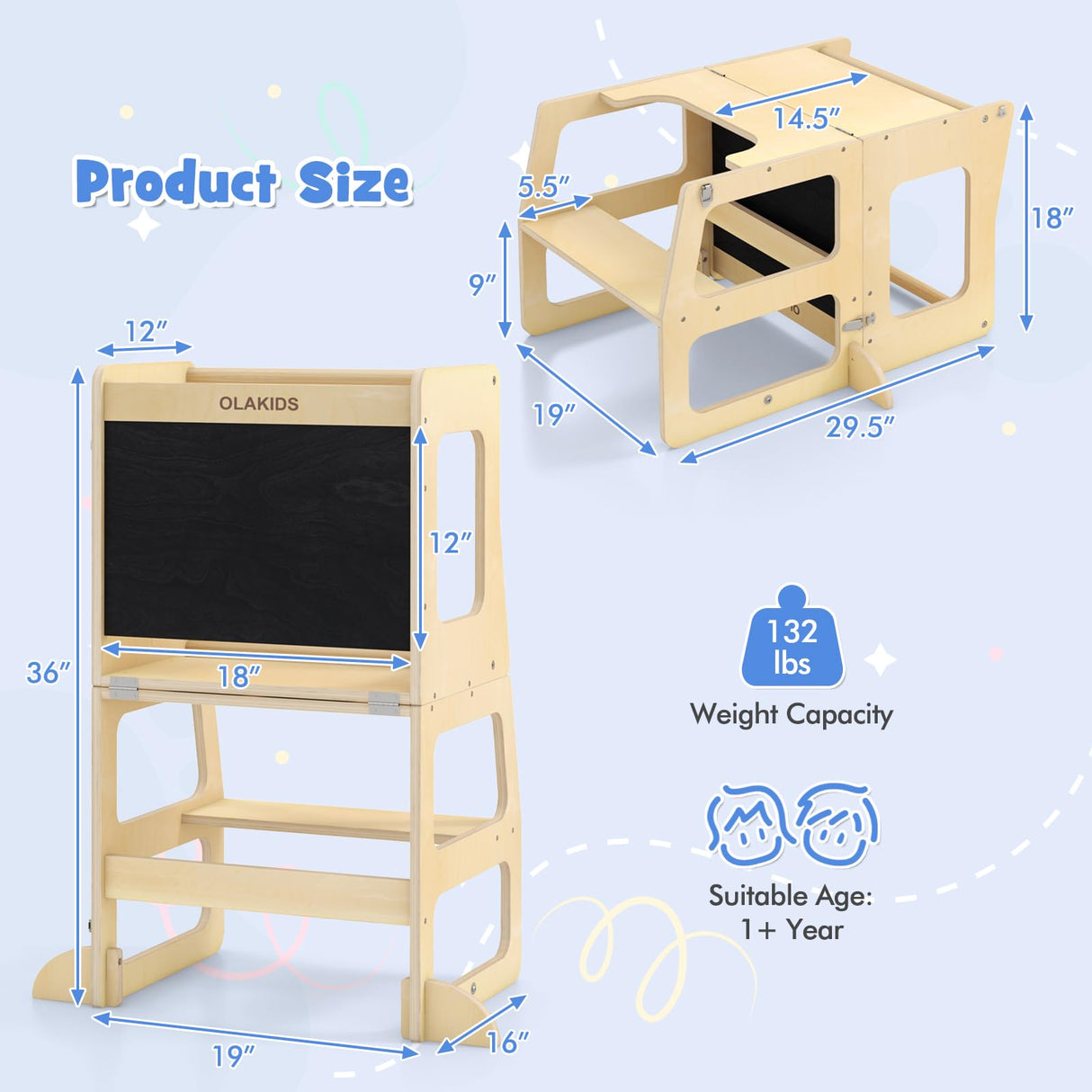 OLAKIDS Toddler Tower, 4 in 1 Foldable Kitchen Stool Learning Standing Tower with Chalkboard Removable Safety Rail, Kids Wooden Collapsible Montessori Step Stool Table and Chair Set Olakids