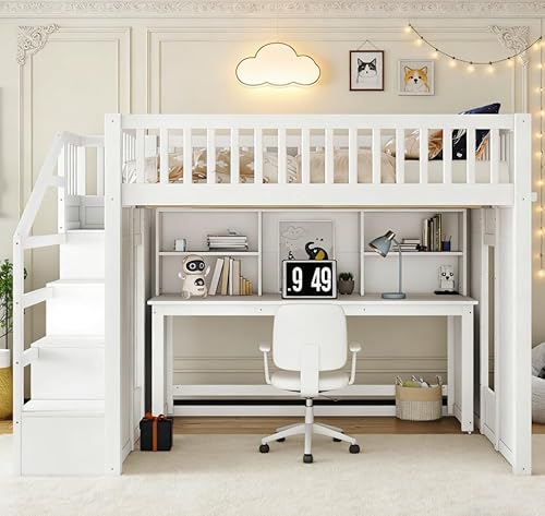 Bellemave Full Loft Bed with Stairs and Movable Desk and Shelves, Wood Loft Bed with Storage Stairs for Kids, Teens, Adults, White Bellemave