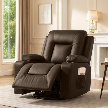 COMHOMA Recliner Chair,PU Rocking Chair for Adults,Swivel Recliner with Cup Holders,Single Sofa Seat with Side Pockets for Living Room,Bedroom(Brown) COMHOMA
