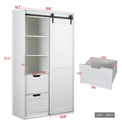 71 inch Tall Bedroom Armoire Wardrobe Closet Clothing Storage Cabinet with Hanging Rod Barn Door Drawers Open Shelves (White)