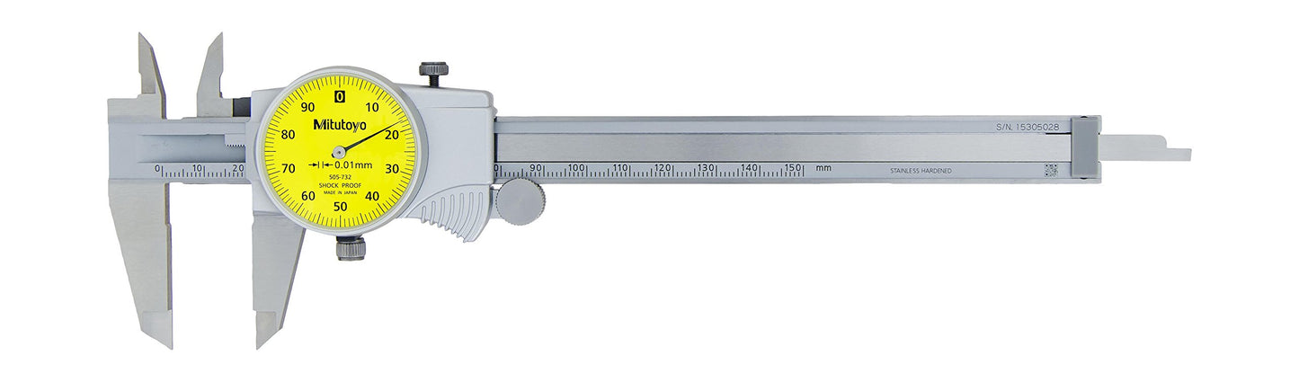 Mitutoyo 505-732 Dial Caliper, 1 mm per Rev, 0-150 mm Range, 0.01 mm Accuracy, 11 Inches & Above - WoodArtSupply