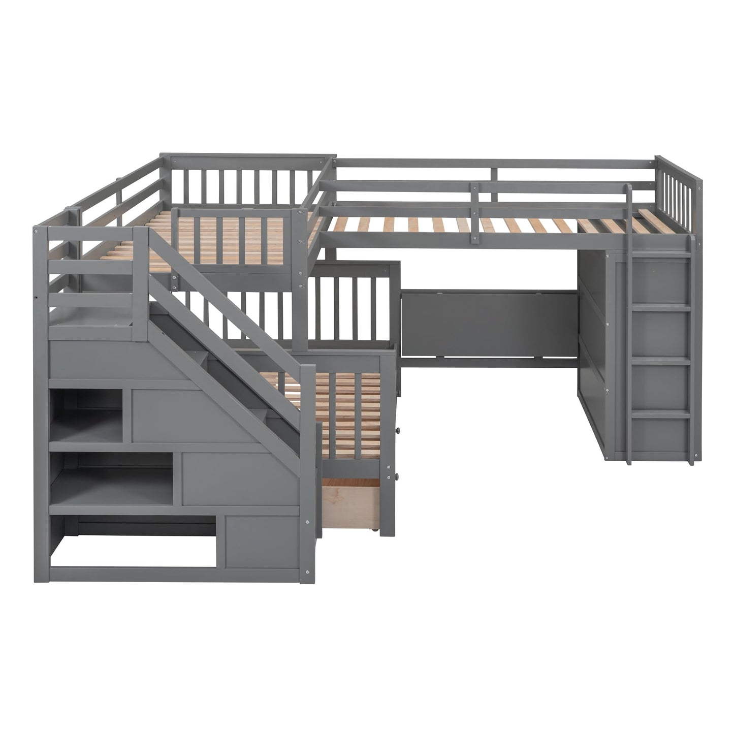 SOFTSEA Twin Over Twin Over Full Bunk Bed with Desk, 3 Storage Drawers and Wardrobe, L Shaped Triple Bunk Beds with Staircase, Wood Bunk Bed Frame with Guardrails and Ladder, 3 Beds in 1, Gray