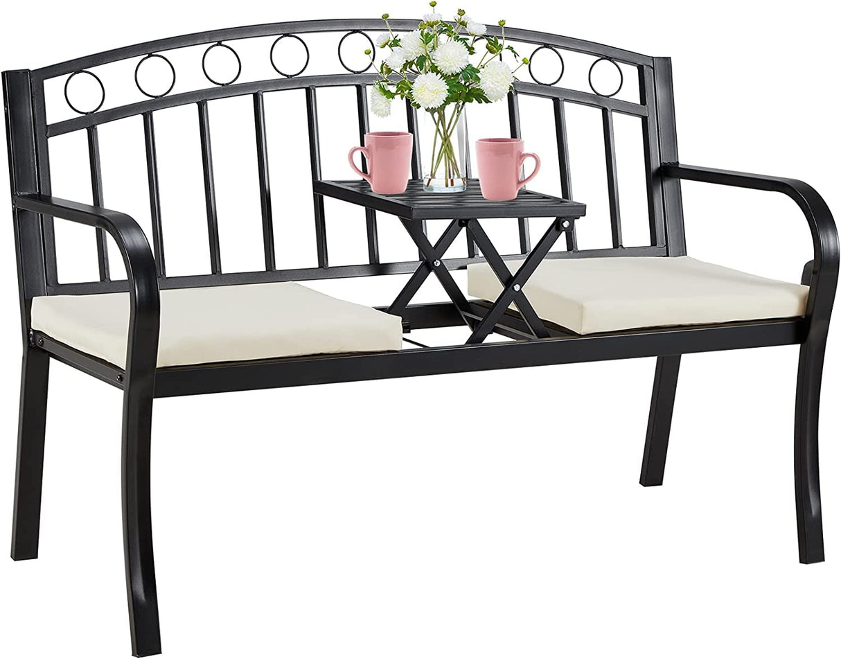 AVAWING Outdoor Metal Garden Bench, 2-Seat Patio Porch Bench with Steel Frame, Park Bench w/Pullout Middle Table＆ Cushion for Backyard Lawn Deck Entryway, Black AVAWING