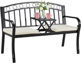 AVAWING Outdoor Metal Garden Bench, 2-Seat Patio Porch Bench with Steel Frame, Park Bench w/Pullout Middle Table＆ Cushion for Backyard Lawn Deck Entryway, Black AVAWING