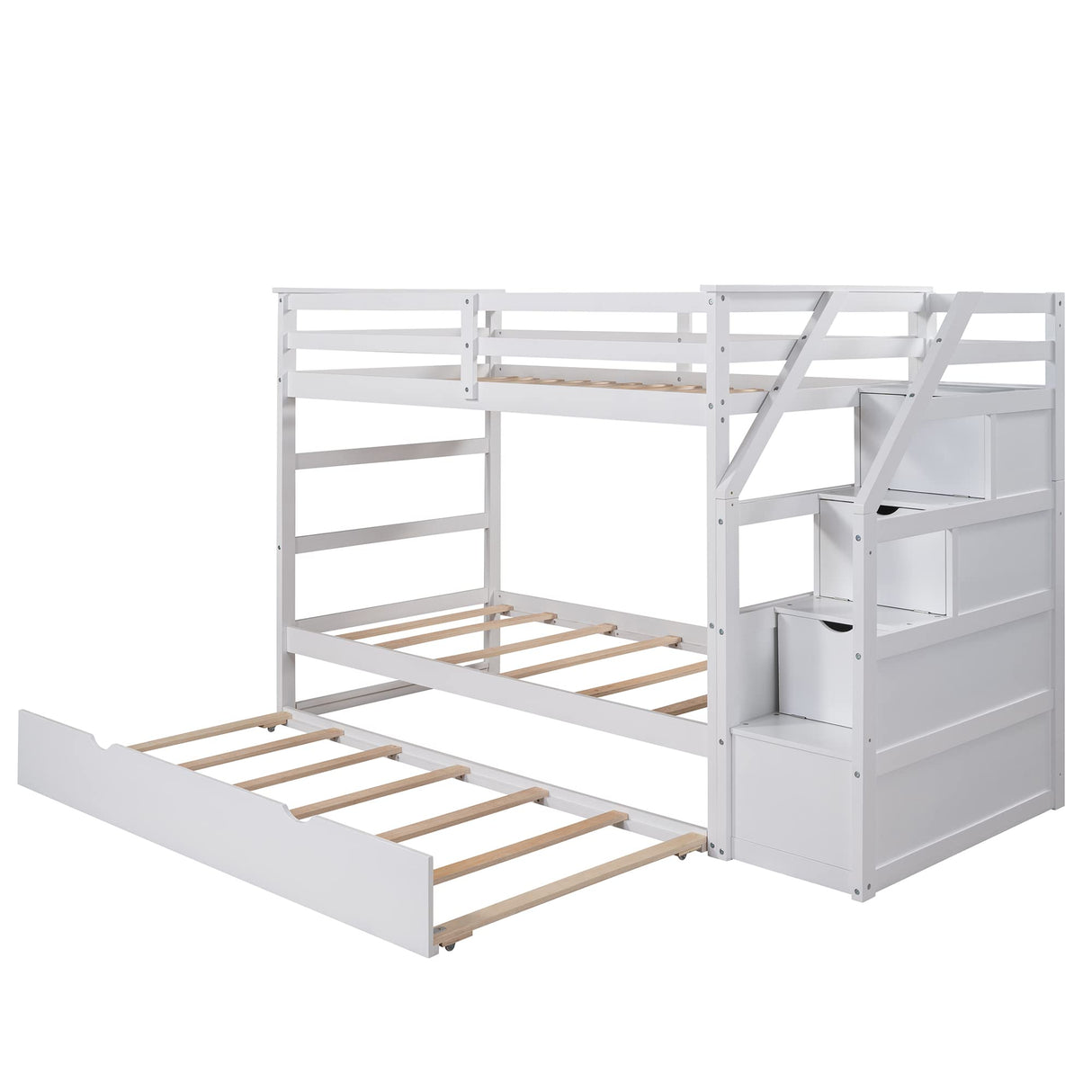 Merax Twin Over Twin Bunk Bed with Storage Stairs, Wood Bunk Bed Frames with Trundle, No Box Spring Needed, White Merax