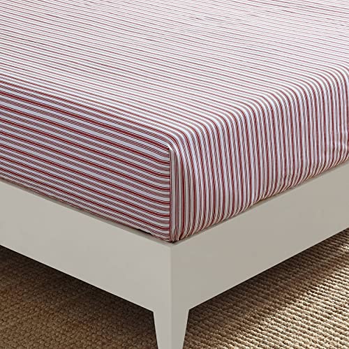 Nautica - Twin Fitted Sheet, Crisp Cotton Percale Bedding, Single Ply Woven, Lightweight for Year Round Use, Oeko-Tex Certified (Coleridge Stripe Red) Nautica