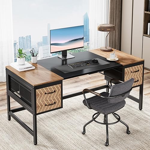 Tribesigns Computer Executive Desk with Drawers: 63" Computer Desk with 4 Storage Drawers, Wood Farmhouse Study Writing Table, Herringbone Business Furniture for Home Office - WoodArtSupply