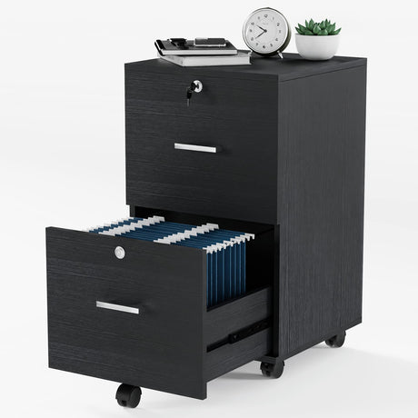 VINGLI 2-Drawer Small Rolling File Cabinet with Lock, Wood Filing Cabinet for Hanging Letter Size Filings with Tabs, Mobile Under Desk File Cabinet for Home Office, Classic Black, 27.2" H VINGLI