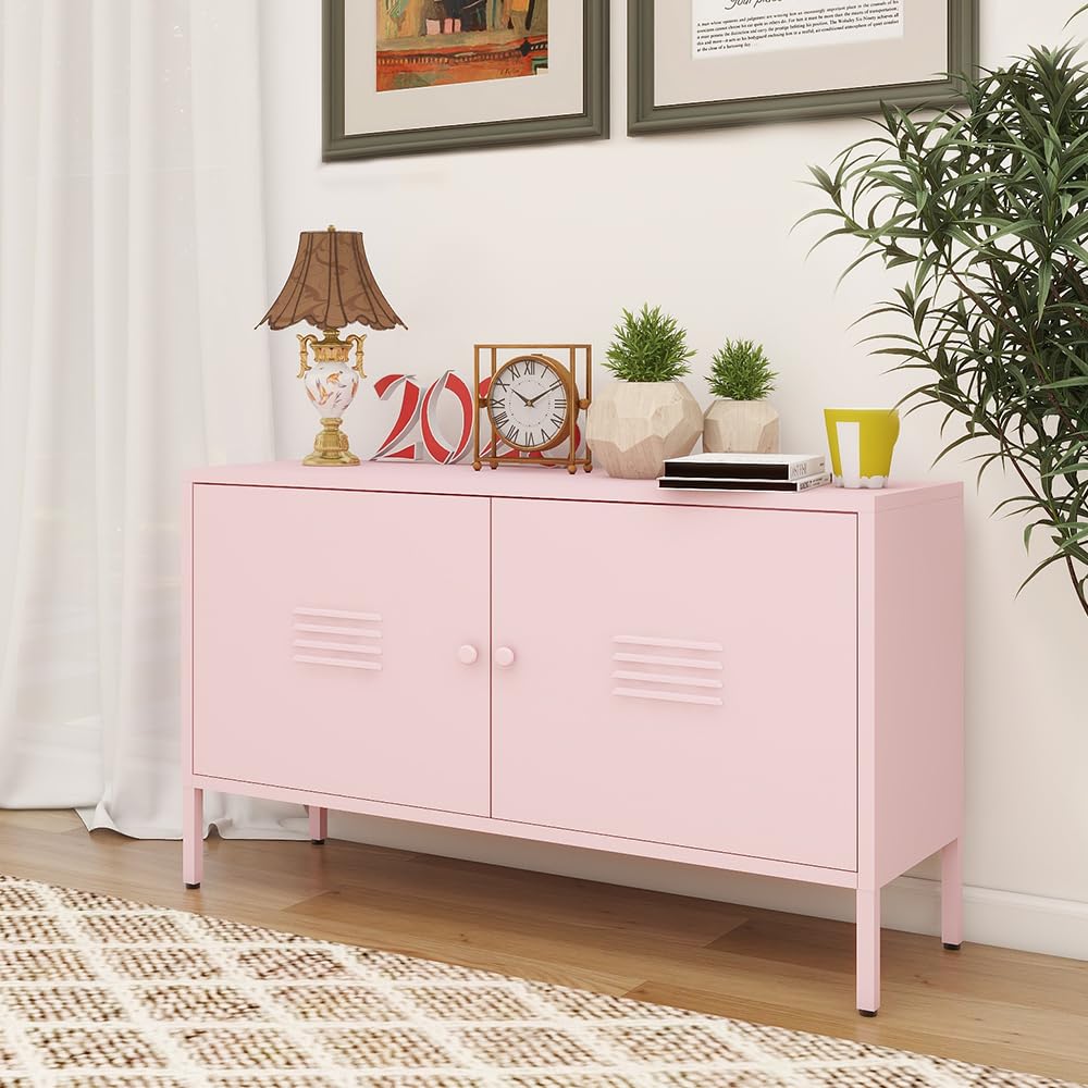 ZHISLUCK 2 Door Metal Accent Storage Cabinet for Bed Room,Living Room,Home,Hotel,Office,2-Tier Steel Storage Cabinet TV Stand (Pink) ZHISLUCK