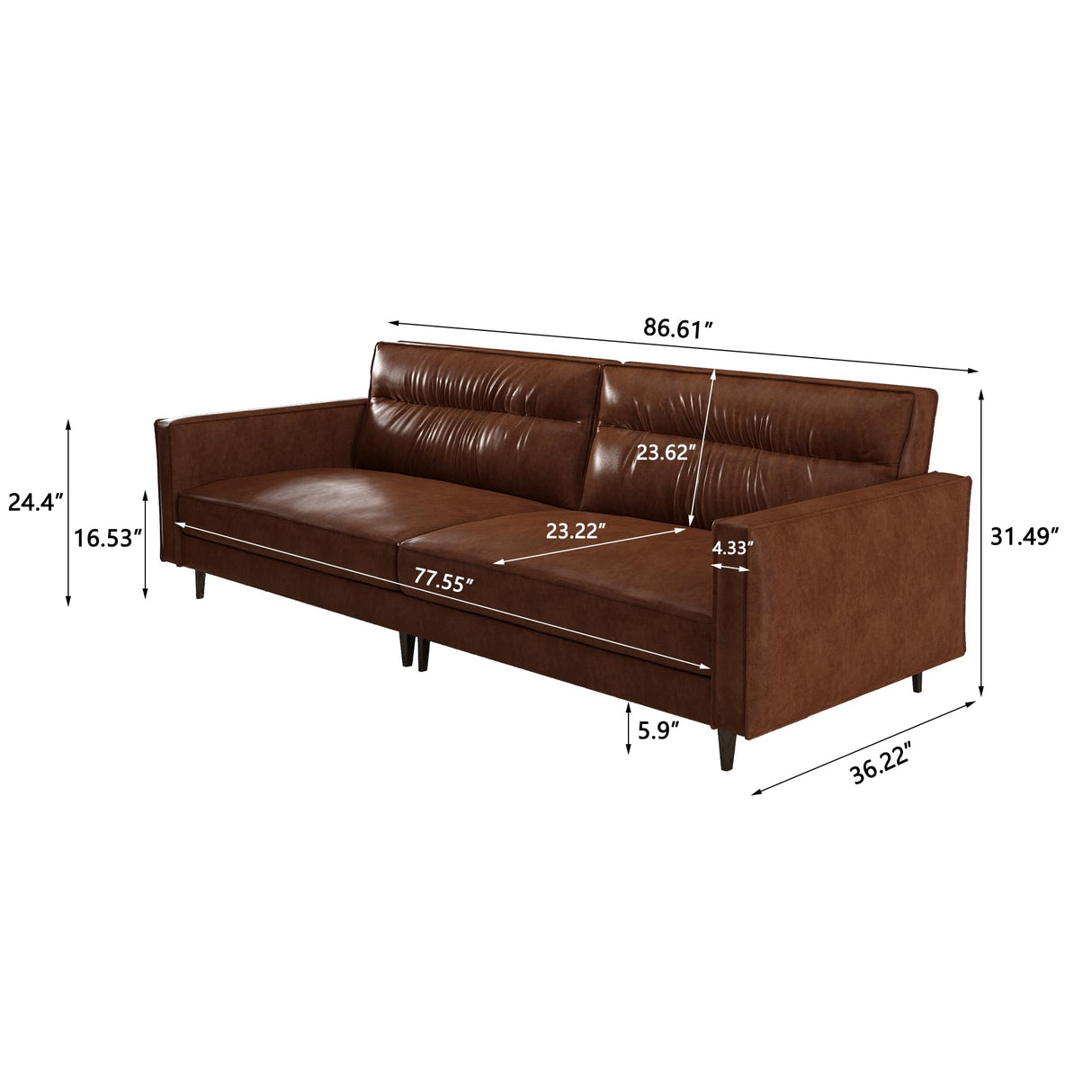 Pajiasen Mid-Century Modern Faux Leather Sofa Couch, 86" Brown 3-Seater Leather Sofa with Deep Cushions, Square Armrests & Sturdy Metal Legs, Retro Contemporary Couch for Living Room Pajiasen