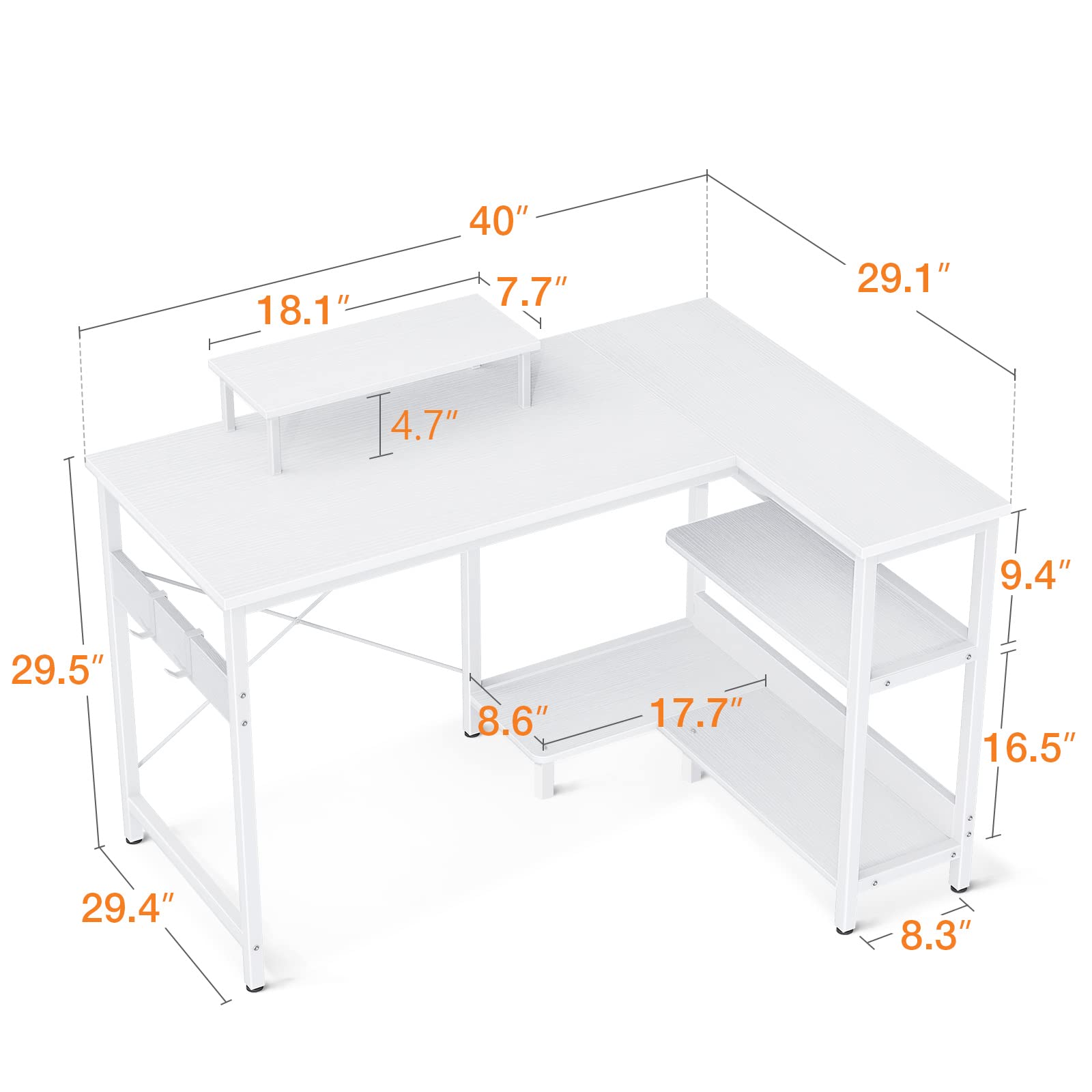 ODK 40 Inch Small L Shaped Computer Desk with Reversible Storage Shelves, L-shaped Corner Desk with Monitor Stand for Small Space, Modern Simple Writing Table for Home Office Workstation, Whi - WoodArtSupply