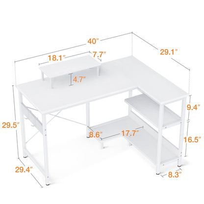 ODK 40 Inch Small L Shaped Computer Desk with Reversible Storage Shelves, L-shaped Corner Desk with Monitor Stand for Small Space, Modern Simple Writing Table for Home Office Workstation, Whi - WoodArtSupply