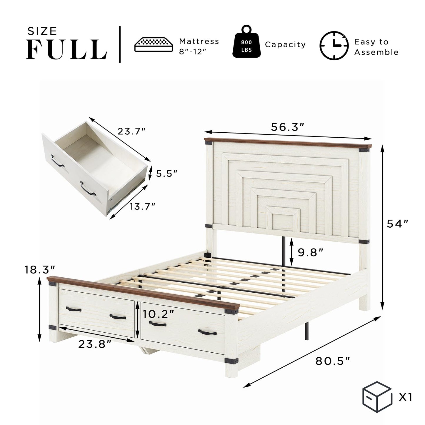 YUMPIE Farmhouse Full Size Bed Frame, 54 inch Tall Headboard with Wood Bed，Storage Platform Bed with 2 Large Storage Drawers, No Box Spring Needed, White