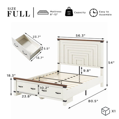 YUMPIE Farmhouse Full Size Bed Frame, 54 inch Tall Headboard with Wood Bed，Storage Platform Bed with 2 Large Storage Drawers, No Box Spring Needed, White