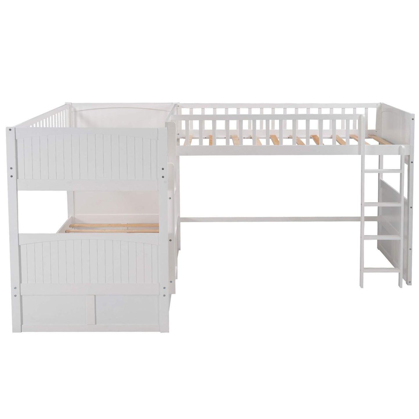 Wood Triple Bunk Bed with Drawers, L-Shaped Bunk Beds for 3, Twin Over Twin Bunk Bed with a Loft Bed Attached for Kids, Teens, Adults (White)