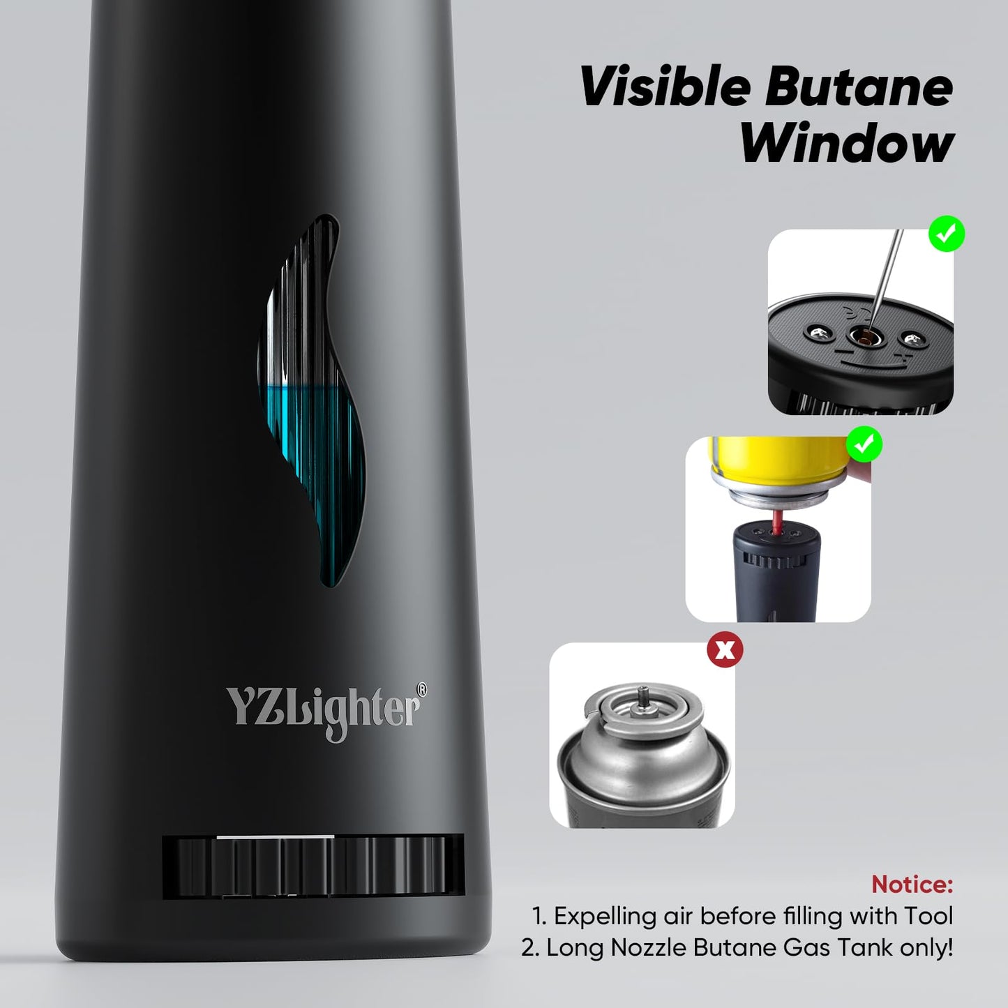 YZLighter Butane Lighter Torch Long Lighter for Grill Fireplace, Refillable Lighter Windproof with Visual Fuel Window Flexible Extra Long Torch Lighter for Camping BBQ Candles (No Butane Included)