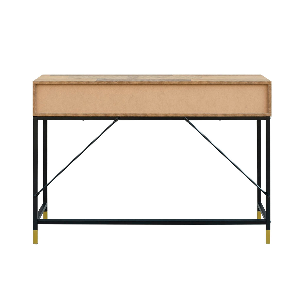 GIA Home Furniture Series Mid Century Console Table Rattan Crafted Drawers,Wood Computer Desk Installed,Salmon Oak Finishing, Black Metal Leg GIA