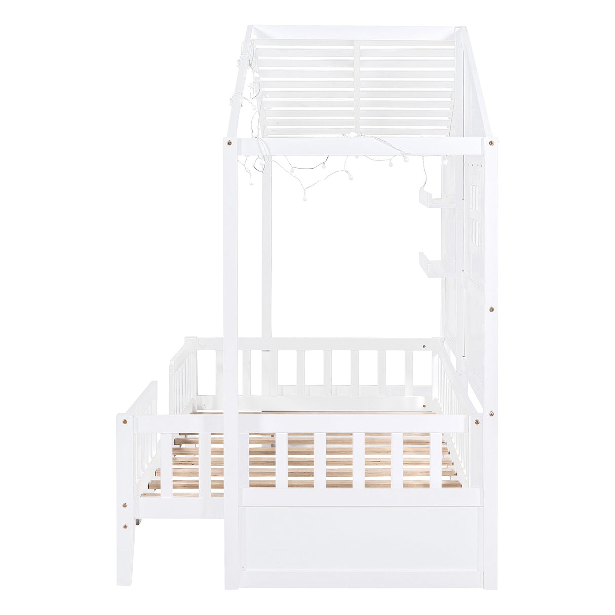 SOFTSEA Twin Size Low Loft House Bed with Shelves and Sparkling Light Stripe SOFTSEA
