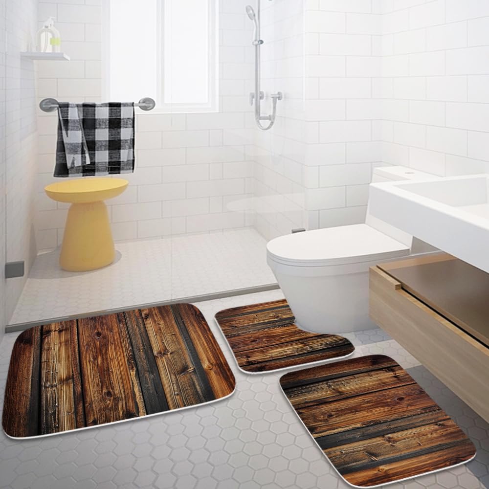 Final Friday Rustic Farmhouse Wooden Board Print Bathroom Rugs and Mats Sets 3 Piece, Wood Western Country Bath Mat 20 x 31 in, Coral Velvet Memory Foam U-Shaped Contour Shower Mat Non Slip Absorbent Final Friday