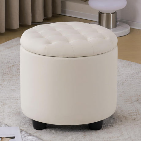 Furniliving Upholstered Button Tufted Round Ottoman, PU Storage Ottoman Round, Removable Lid Convenient Footstools, Classic Ottoman with Storage for Vanity, Nursery Room，IvoryWhite Furniliving