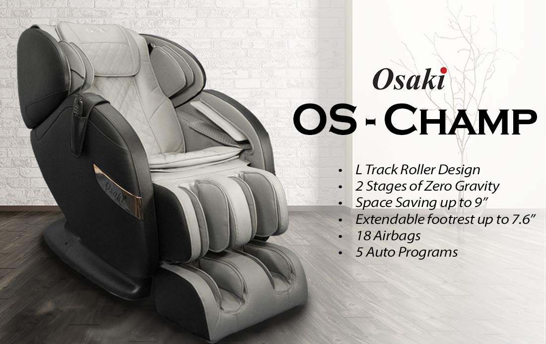 Osaki OS-Champ | Black & Gray | 2D SL-Track Full Body Massage Chair | Zero Gravity | Lumbar Heating | Foot & Calf | Auto Mode | Full Air Bag Compression | Bluetooth Speaker | Space Saving Osaki