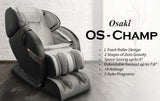 Osaki OS-Champ | Black & Gray | 2D SL-Track Full Body Massage Chair | Zero Gravity | Lumbar Heating | Foot & Calf | Auto Mode | Full Air Bag Compression | Bluetooth Speaker | Space Saving Osaki