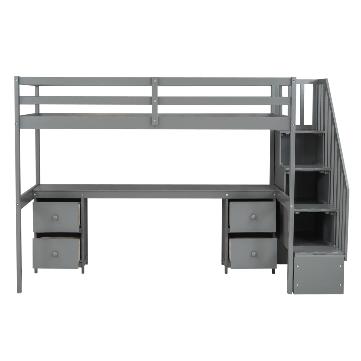 SOFTSEA Twin Loft Bed with Desk, Storage Stairs & Drawers in Grey SOFTSEA