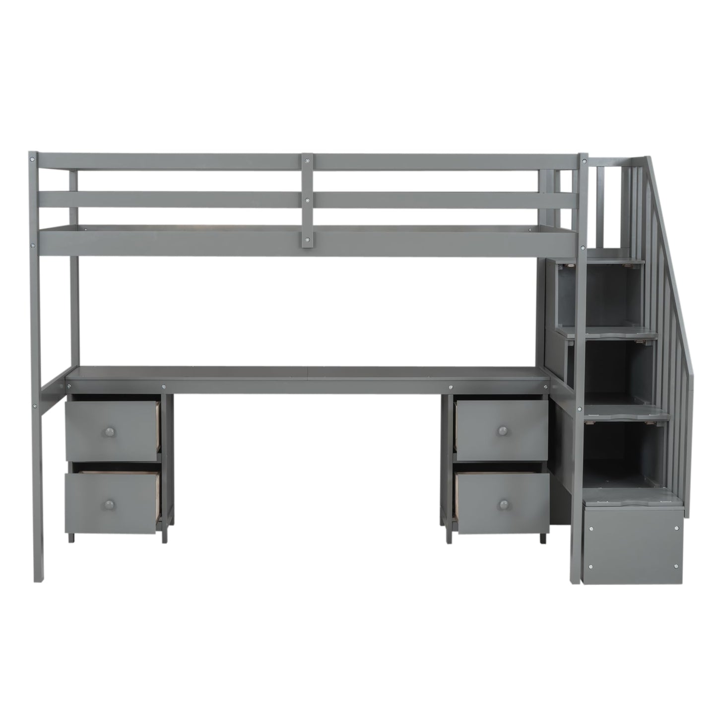 SOFTSEA Twin Loft Bed with Desk, Storage Stairs & Drawers in Grey - WoodArtSupply