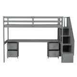 SOFTSEA Twin Loft Bed with Desk, Storage Stairs & Drawers in Grey SOFTSEA