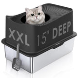 JOISTOON Top Entry Cat Litter Box with Lid, Stainless Steel Extra Large Enclosed Cat Kitty Litter Pan Easy Cleaning, Never Absorbs Odor, Stains, or Rusts, XL Metal High Litter Pan Tray, Black JOISTOON