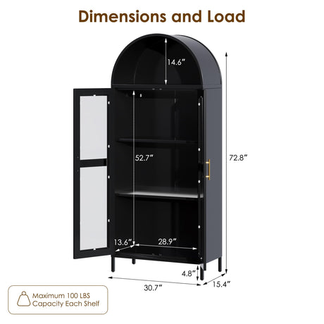 VEXPOR 73 in Tall Metal Arched Cabinet, Kitchen Pantry Cabinet with Glass Door, Modern Farmhouse Display Bookshelf with 2 Adjustable Shelves for Dining Room and Living Room, Black, Assembly Required VEXPOR