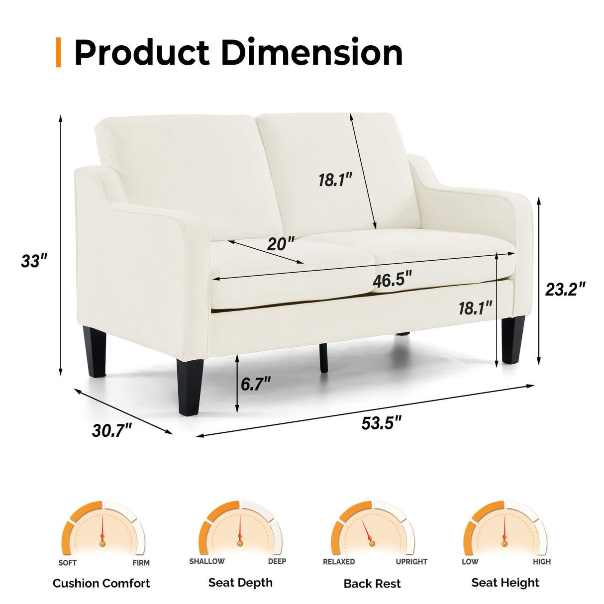 VINGLI Loveseat Mid-Century Modern Loveseat Sofa Couch 53" Wide 2 Seater Sofa Couch Love Seat with Scooped Armrest for Small Spaces, Living Room, Dorm, Bedroom, Apartment (Creamy White) VINGLI