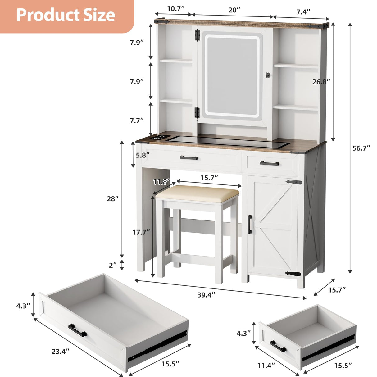 Trygoal Farmhouse Makeup Vanity, Vanity Desk with 3 in 1 Charging Station and Human Body Sensing LED Lights, Vanity Table with Glass Tabletop & Hidden Jewelry Cabinet, Stool Included, Vintage White Trygoal