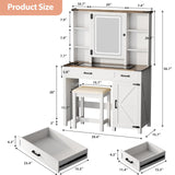 Trygoal Farmhouse Makeup Vanity, Vanity Desk with 3 in 1 Charging Station and Human Body Sensing LED Lights, Vanity Table with Glass Tabletop & Hidden Jewelry Cabinet, Stool Included, Vintage White Trygoal