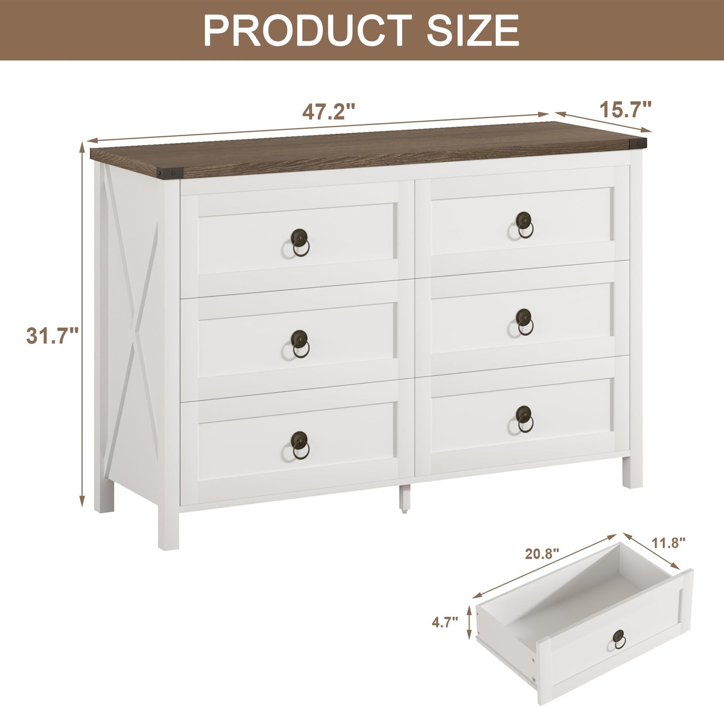 ChooChoo Farmhouse 6 Drawer Dresser, White Dresser for Bedroom, Wide Dressers & Chests of Drawers for Entryway, Hallway - WoodArtSupply