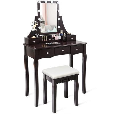 LDAILY Vanity Table Set with 10 LED Lights, Dressing Makeup Vanity with 360° Rotating Lighted Square Mirror, Cushioned Stool & 5 Drawers, Modern Bedroom Vanity Desk for Girls Women (Brown)