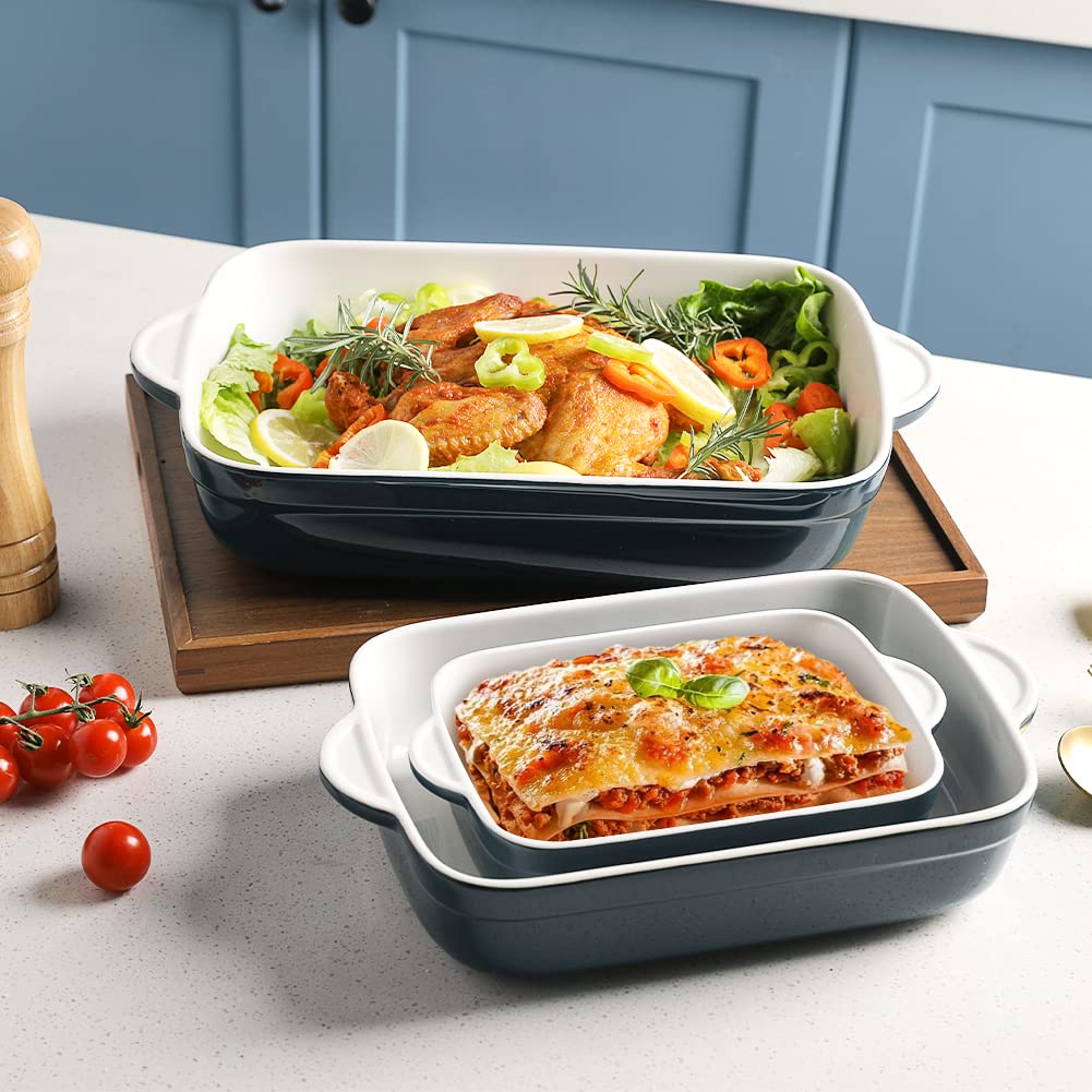 Sweejar Casserole Dishes for Oven, Ceramic Bakeware Set of 3, Lasagna Pan Deep with Handle, Rectangular Baking Pan Set, 9x13 Baking Dish for Cooking, Banquet and Daily Use (Navy) Sweejar
