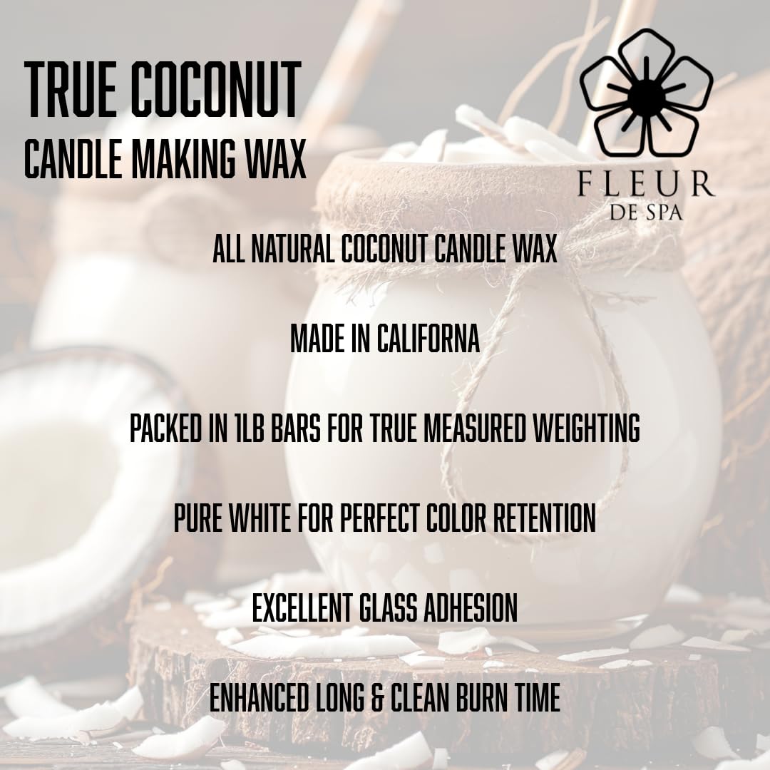 FLEUR DE SPA True Coconut Premium All-Natural Coconut Wax Blend for Luxurious DIY Candle Making - Made in The USA (1 Pound bar) fleur de spa