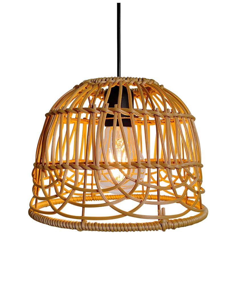 Outdoor Pendant Light Chandelier for Gazebo Battery Operated Boho Hanging Lamp Bamboo Handmade Rattan Decorative Lights LED Lantern Bulb Powered by 4*AA Batteries for Porch Patio Backyard Dec - WoodArtSupply