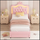 Keyluv Twin Upholstered LED Bed Frame with Storage Drawer, Leather Princess Platform Bed with Adjustable Crystal Button Tufted Crown Headboard, Solid Wooden Slats Support, No Box Spring Needed, Pink Keyluv