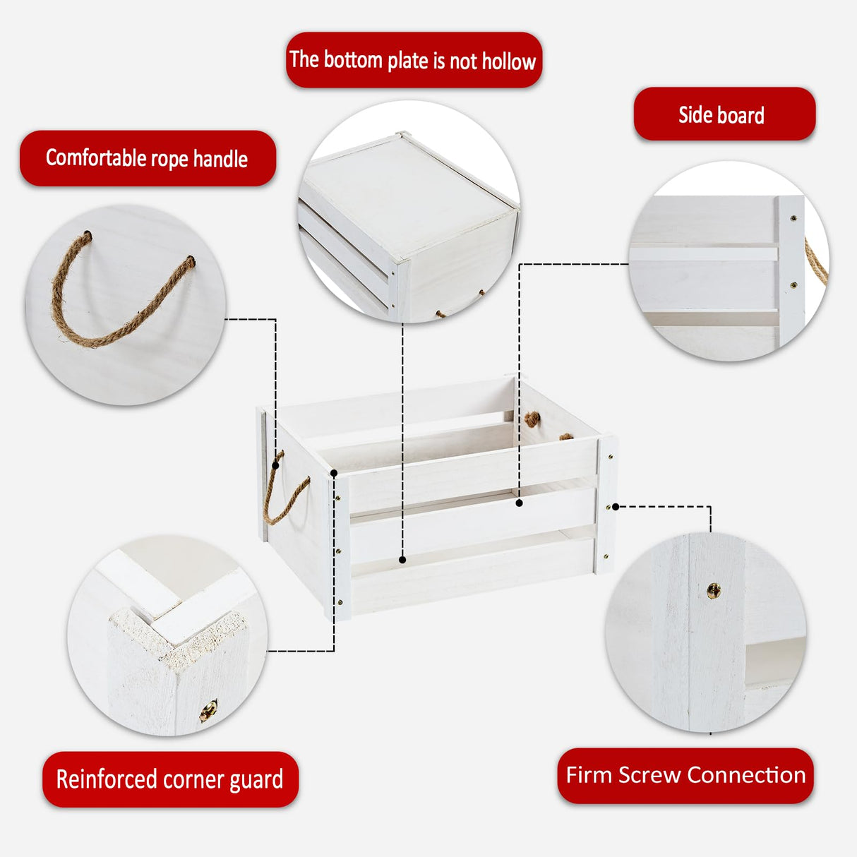 ROSOS Wooden Crates, Farmhouse Wooden Crates for Storage with Rope Handles, Solid Wood Crates for Display, Durable Wooden Crate Box, Handmade Large Wooden Crates for Decor, White Crate, 2 Pack ROSOS