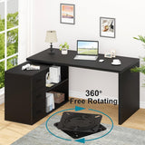 HSH Black L Shaped Desk with Drawers Shelves, 360 Rotating Home Office Desk L Shape with Storage Cabinet, Corner Wood Computer Table for PC Executive Work Study Writing in Bedroom Living Room, 55 in HSH